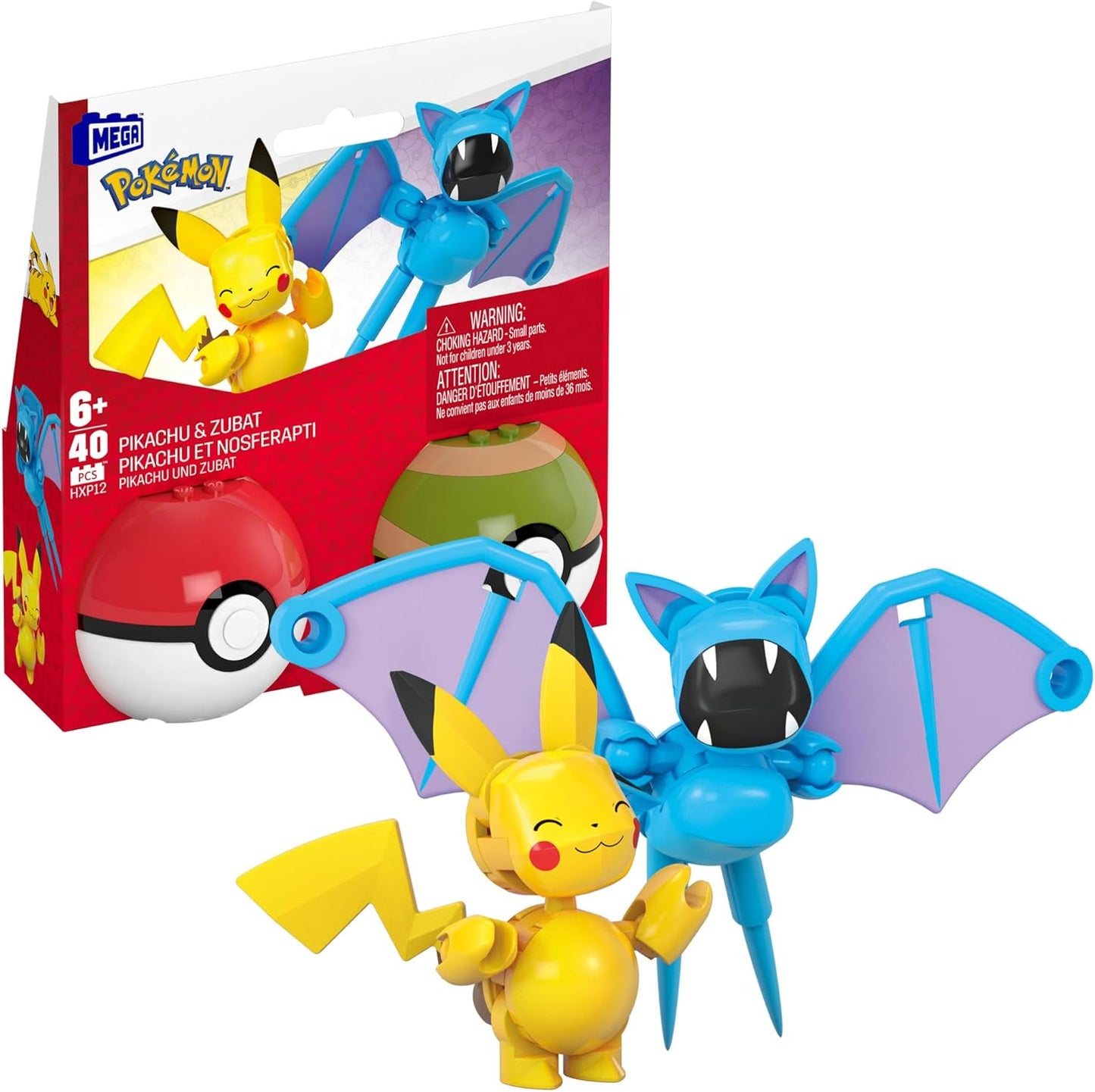 MEGA Pokémon Pokéball 2er-Pack Pikachu & Zubat (HXP12) – 40 Teile, baubar & posebar, ab 6 Jahren