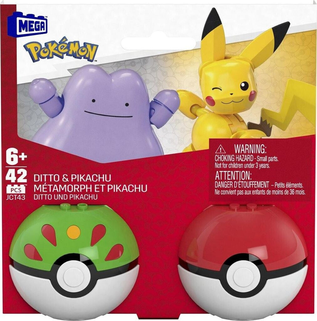 MEGA Pokémon Pokéball 2er-Pack Pikachu & Ditto (JCT43) – 42 Teile, baubar & posebar, ab 6 Jahren